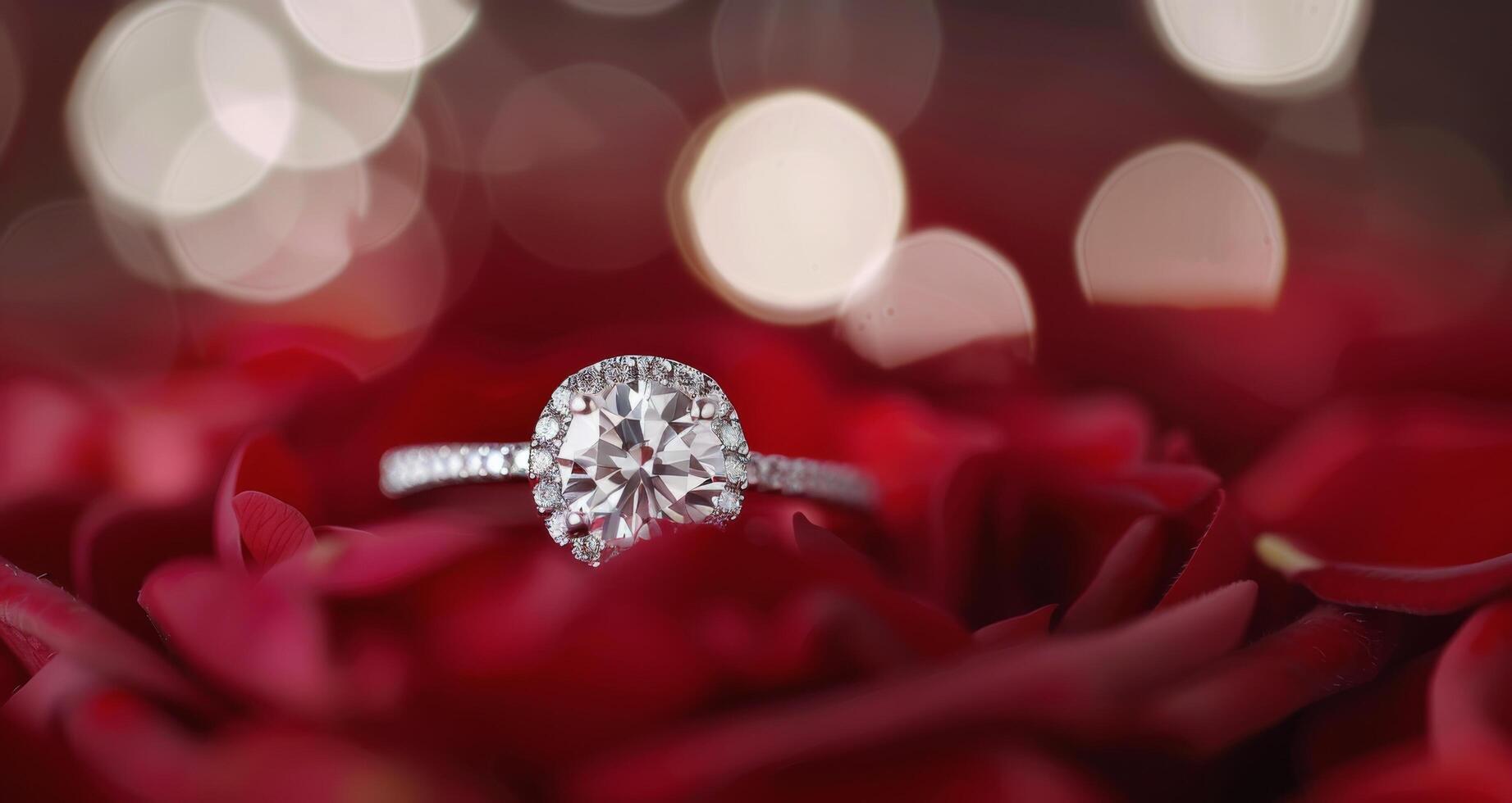Elegant Diamond Ring Resting on Red Rose Petals With Soft Background Lights photo