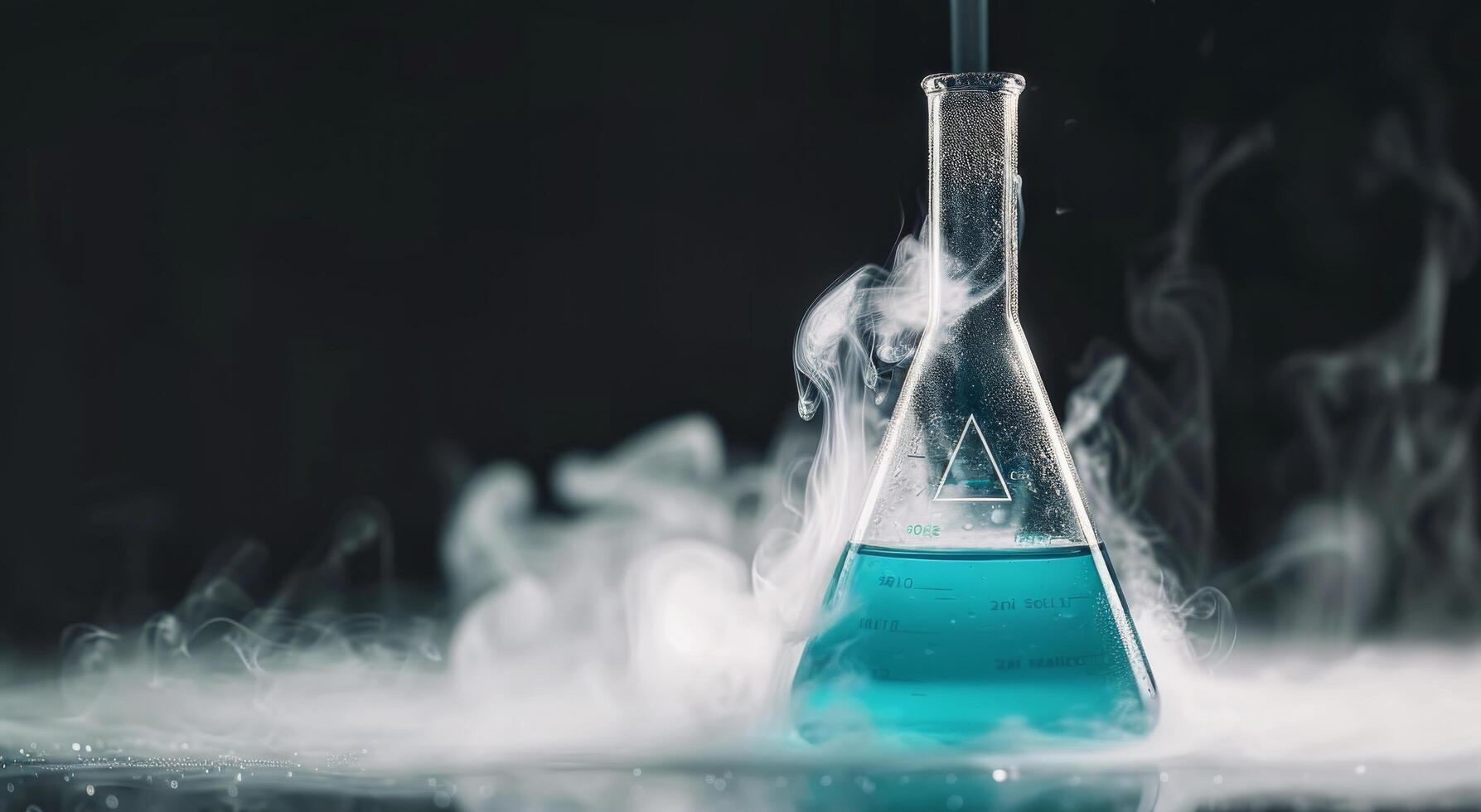 Laboratory Flask Bubbling With Blue Liquid and Smoke in Dimly Lit Environment photo