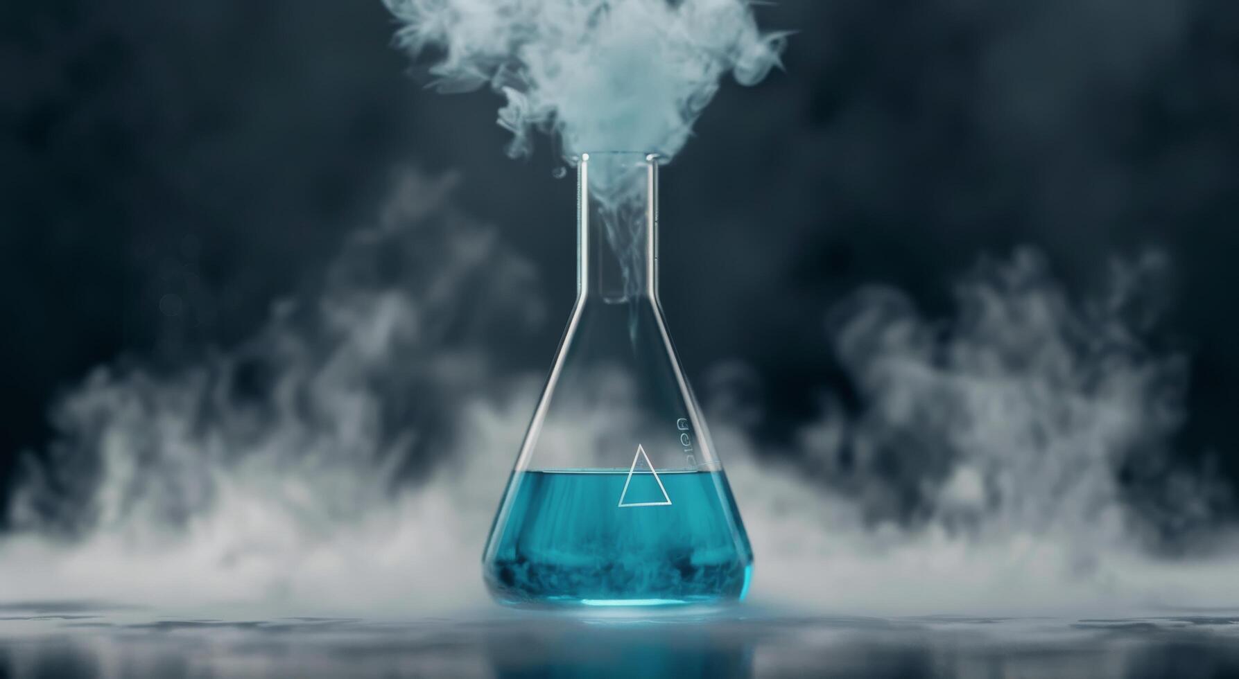 Blue Liquid in Glass Flask With Vapor on Dark Background in Laboratory Setting photo
