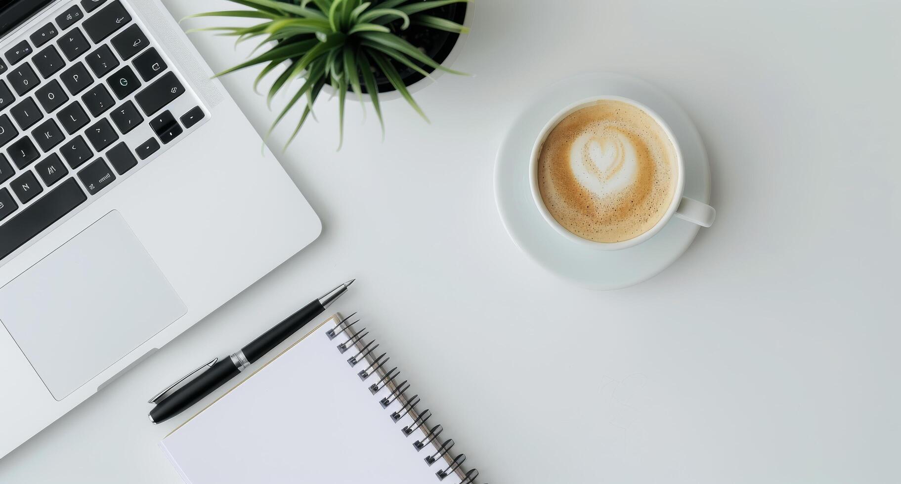 Modern Workspace With Laptop, Mug, and Potted Plant on White Desk photo