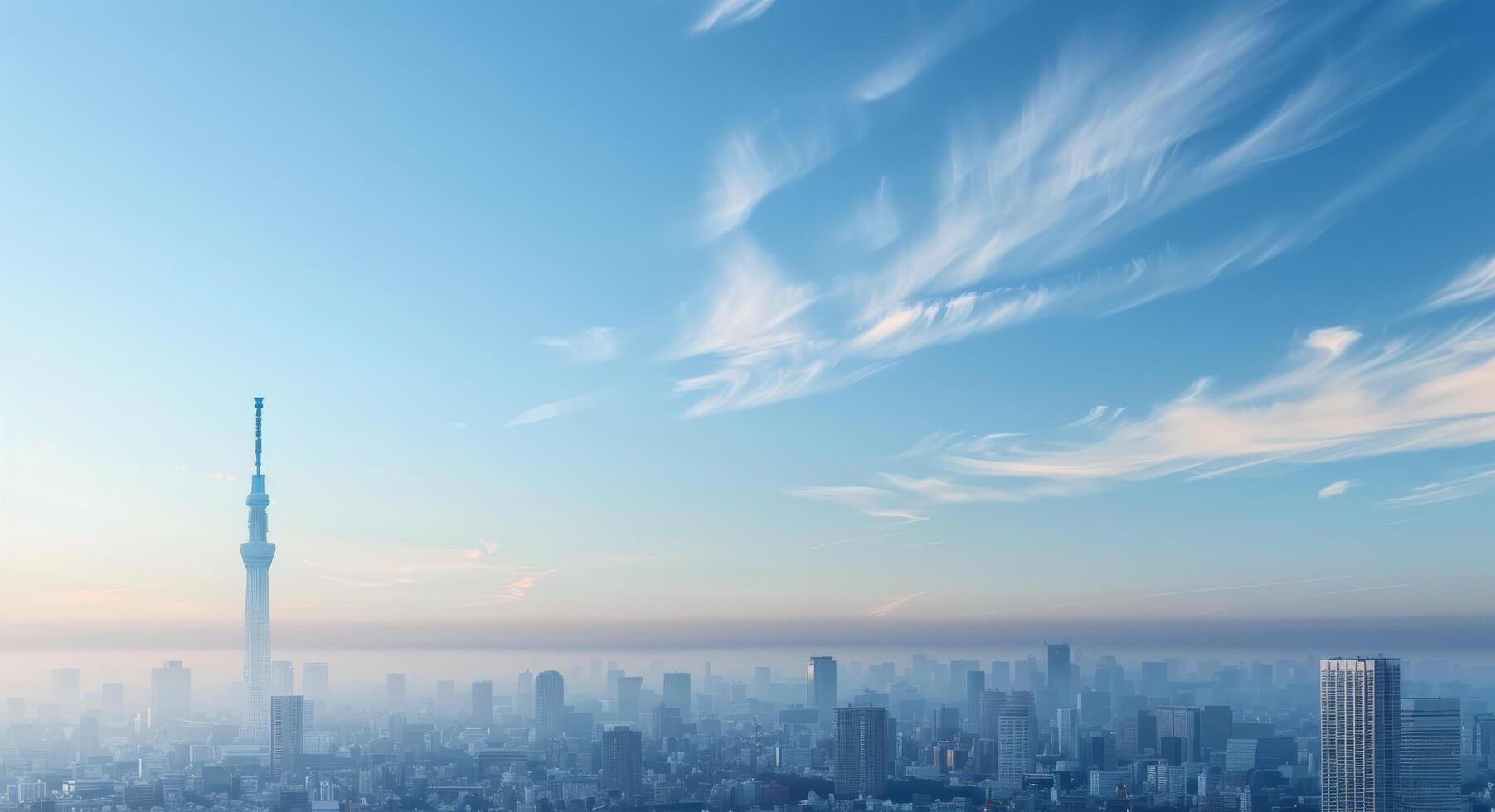 Tokyo Skyline at Sunrise With Tower and Clouds in Clear Blue Sky photo