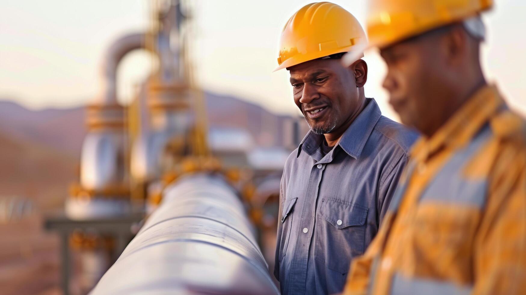 Engineers Discussing Equipment Operations in Industrial Facility photo