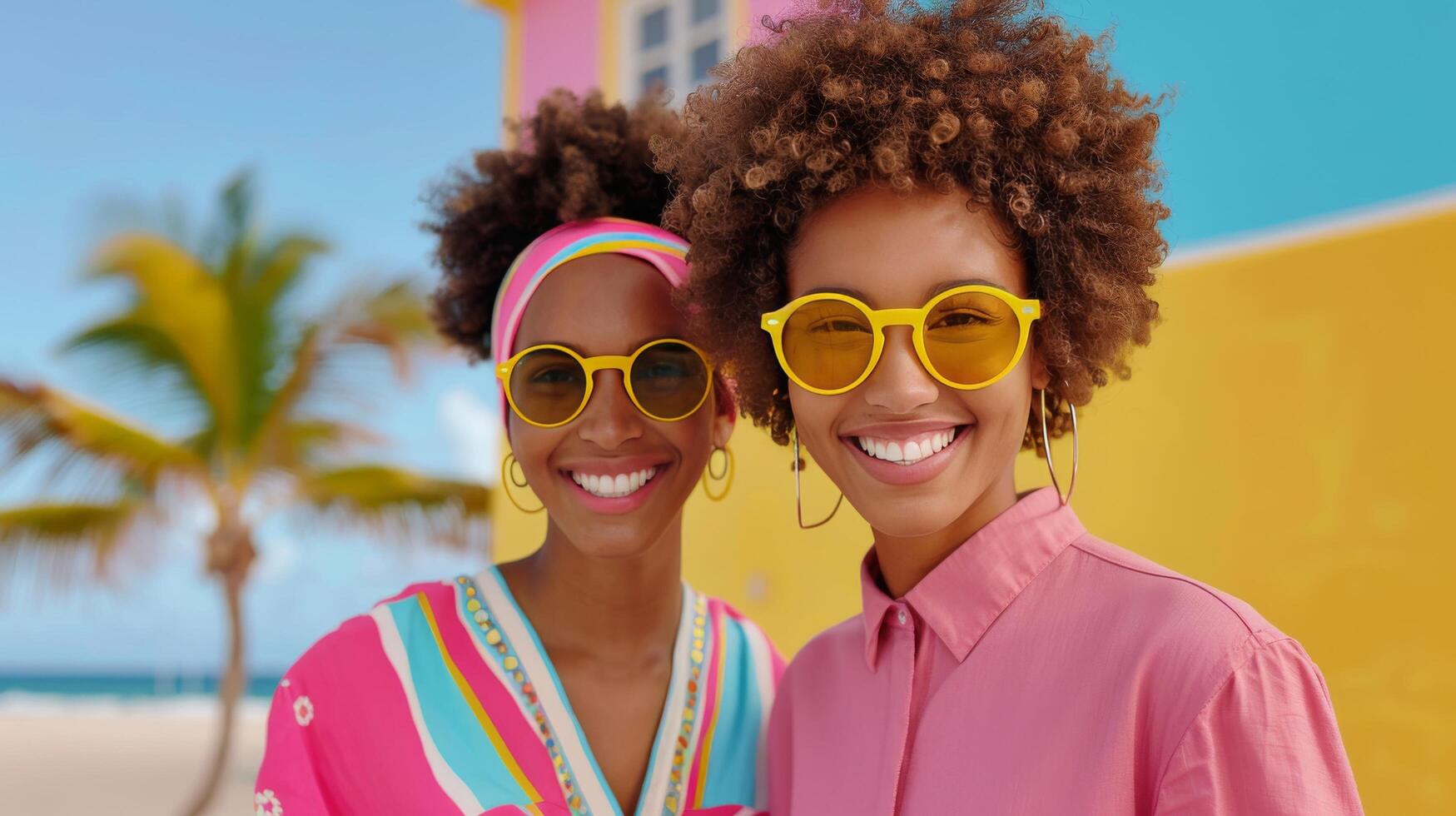 Friends Smiling in Colorful Outfits at Beachside Location on a Sunny Day photo