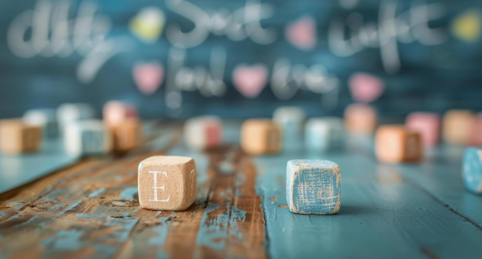 Colorful Wooden Blocks Stacked on a Table With Chalkboard Background photo