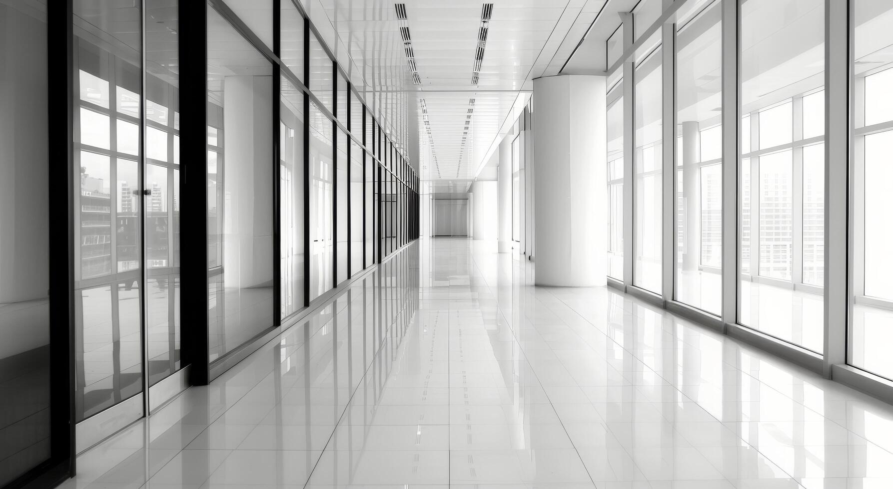 Modern Office Corridor With Floor-to-Ceiling Windows in Bright Natural Light photo