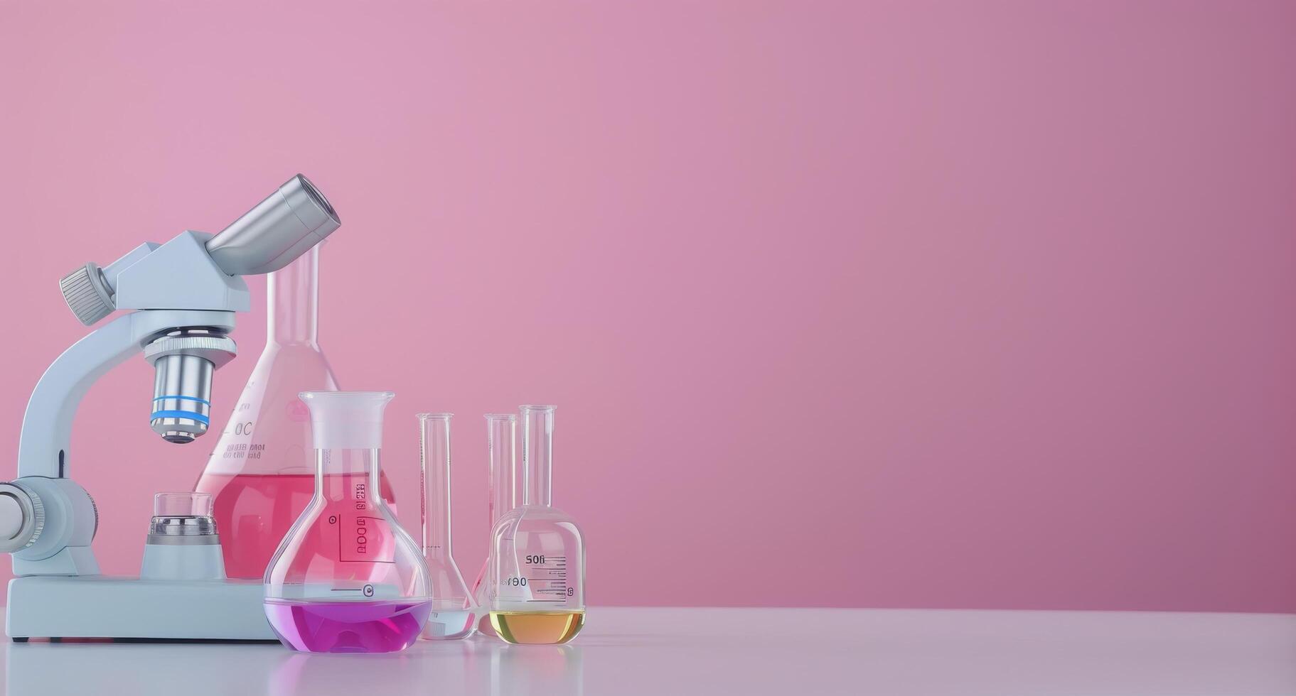 Laboratory Microscopy Setup With Glassware and Pink Background in Modern Science Space photo