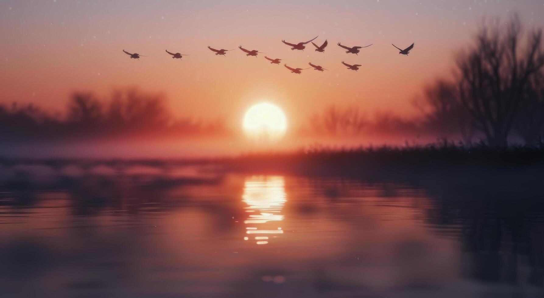 Sunset Over Mountains With Migrating Birds Flying Across Calm Waters photo