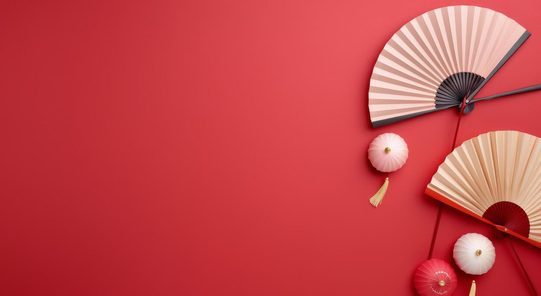Elegant Paper Umbrellas and Chopsticks on Red Background photo