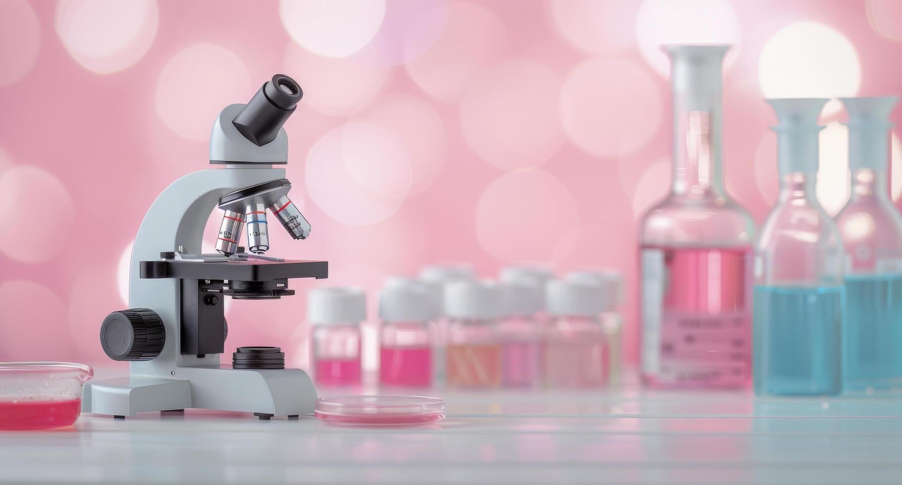 Laboratory Microscope With Colorful Glassware on Pink Background photo