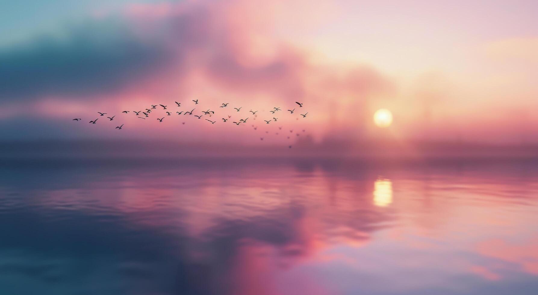 Glowing Sunrise Over Tranquil Lake With Birds in Flight photo