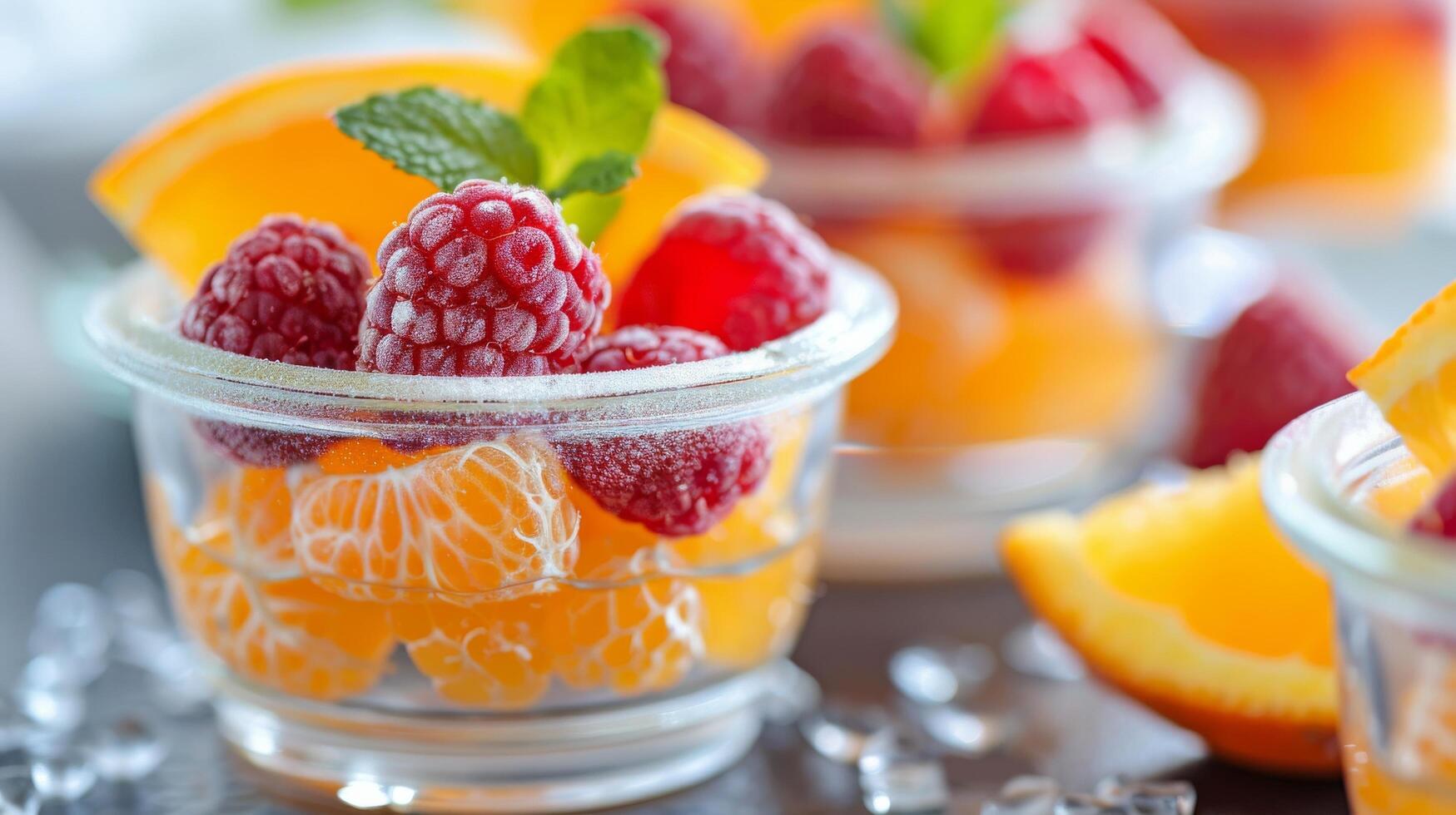 Assorted Fresh Berries and Citrus Fruit in Clear Containers on a Light Surface photo