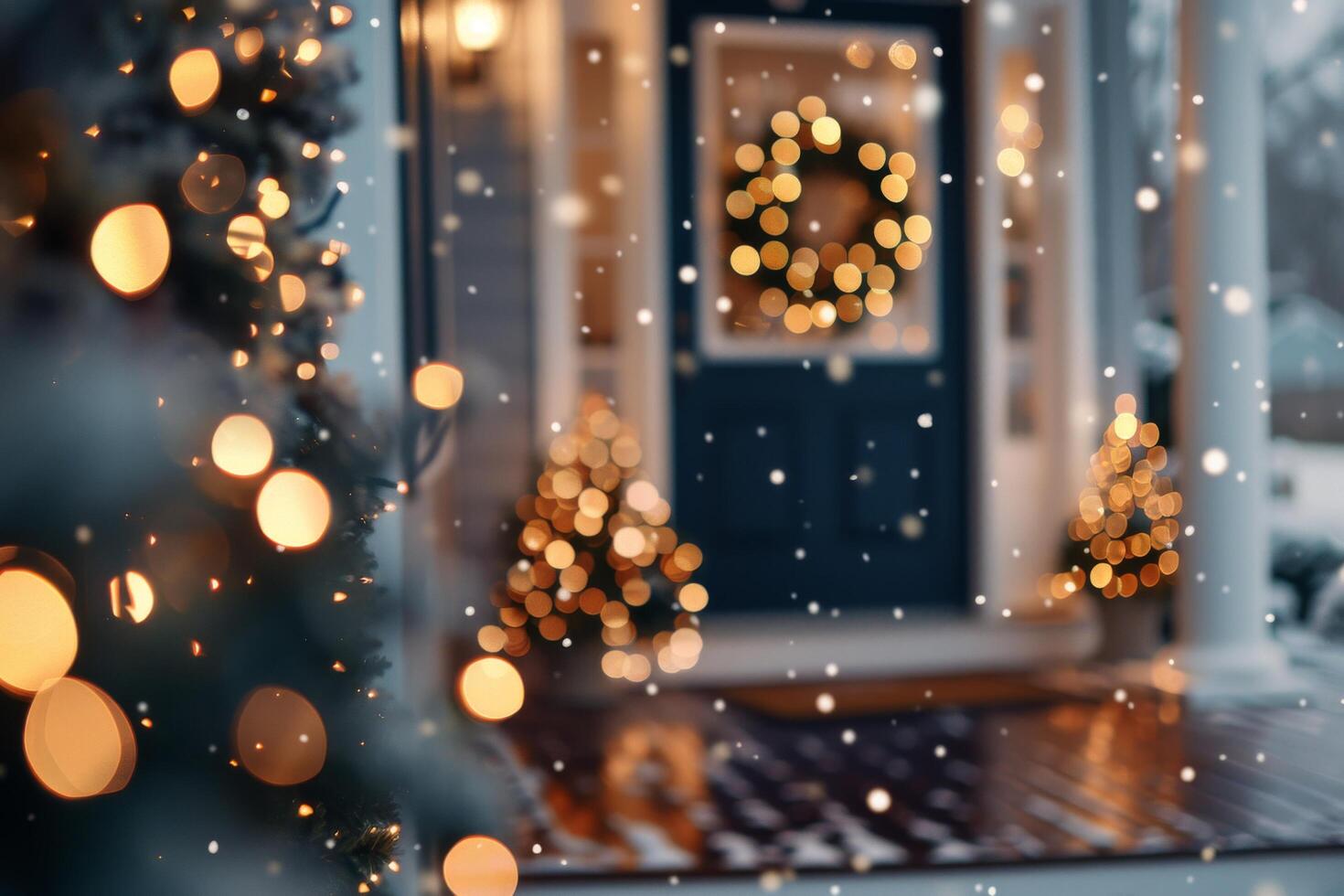 Festive Decorations on a Doorstep With a Christmas Tree and Wreath in Evening Light photo