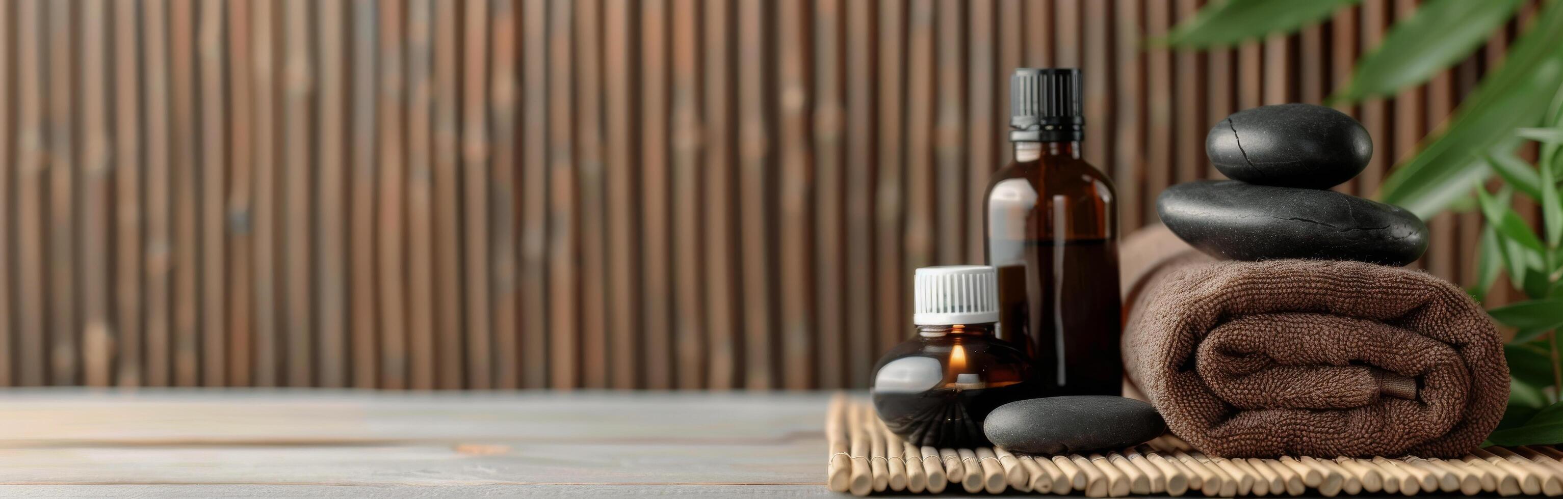 Spa Essentials With Stones, Oils, and Towels on a Wooden Table photo