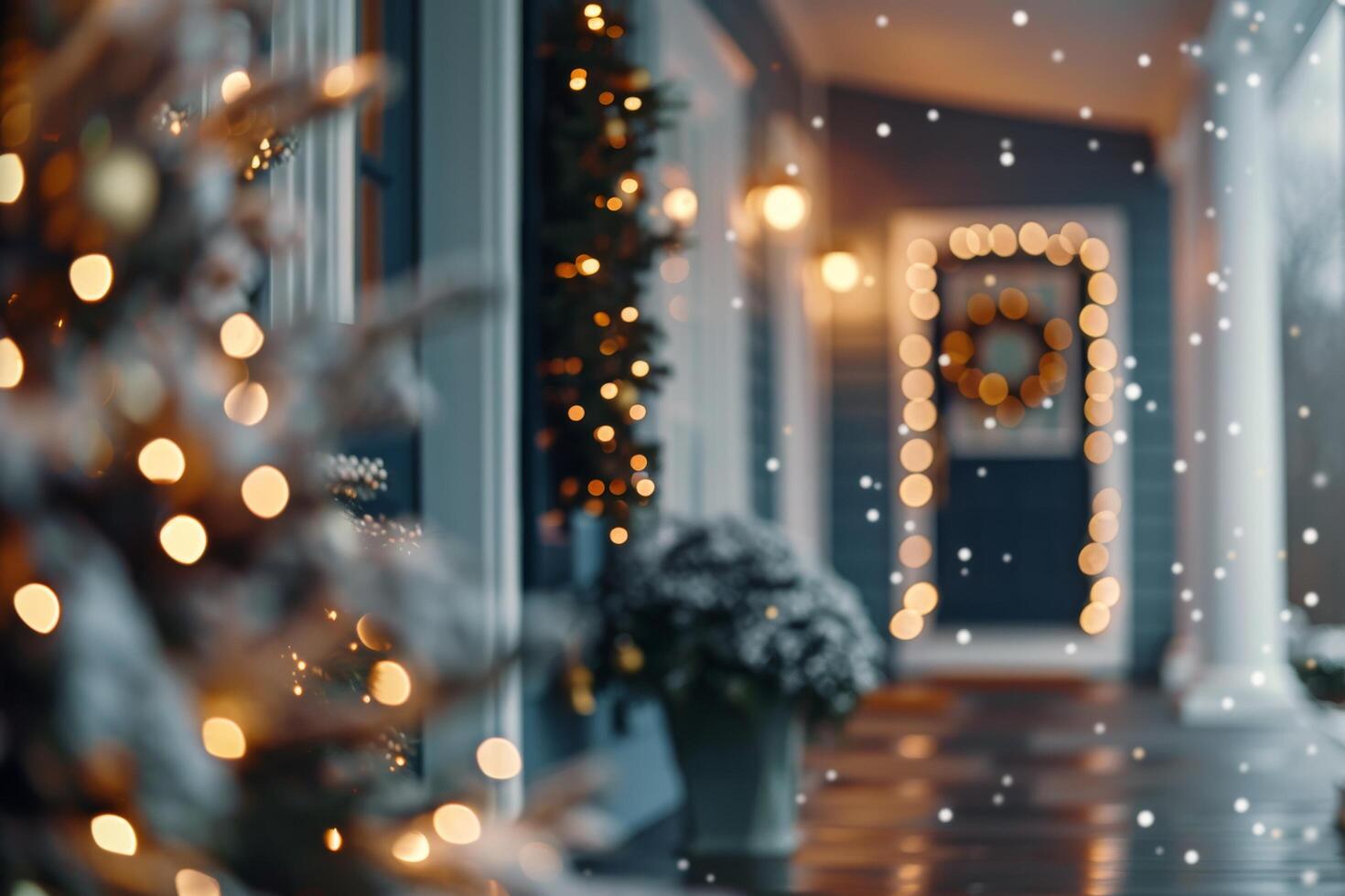 Festive Decorations on a Doorstep With a Christmas Tree and Wreath in Evening Light photo
