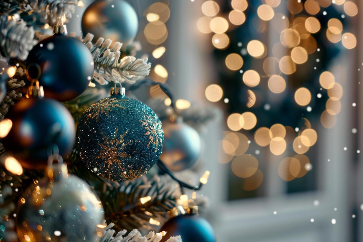Festive Decorations on a Doorstep With a Christmas Tree and Wreath in Evening Light photo