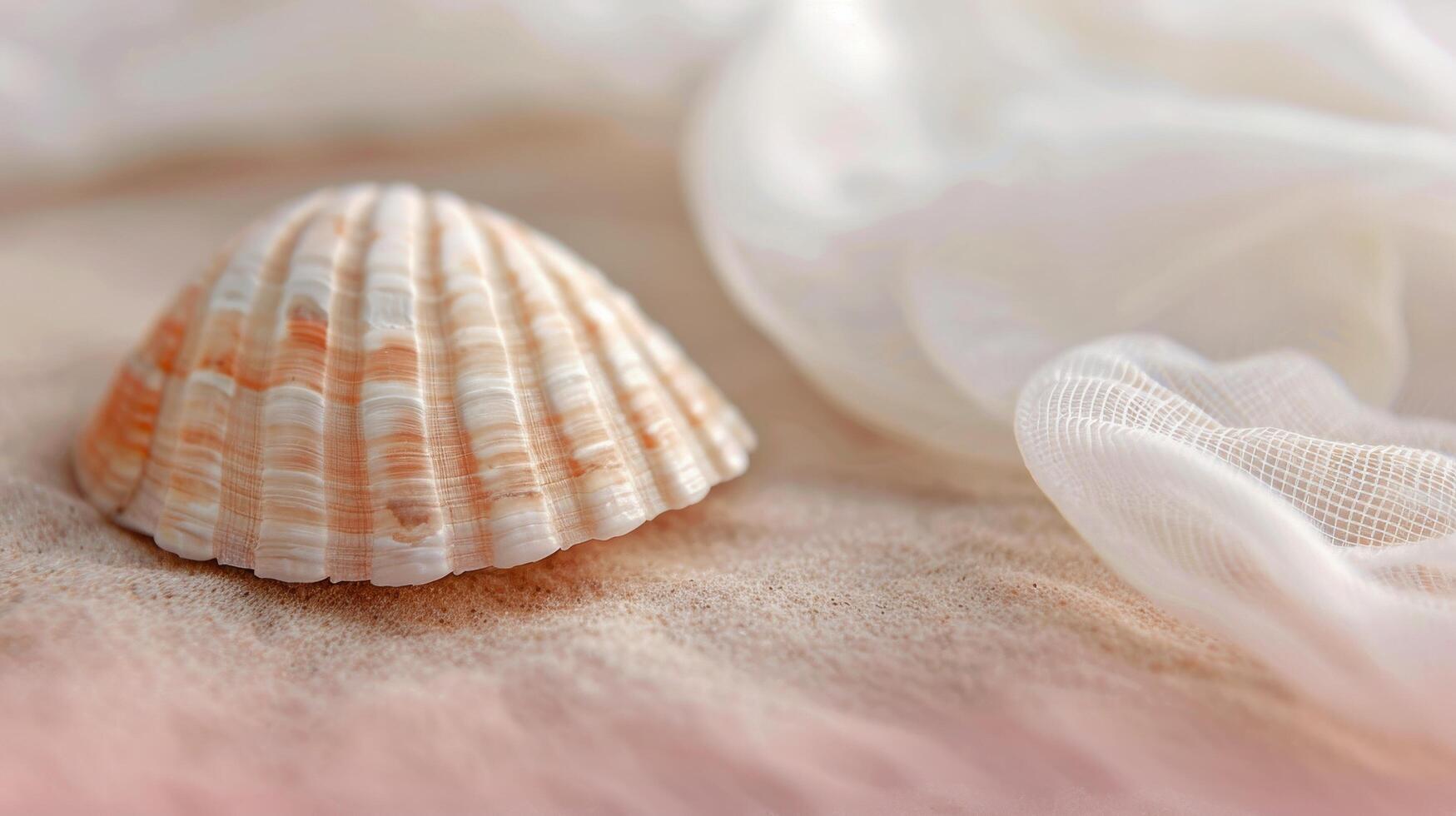 Delicate Seashell on Soft Sand Against Gentle Fabric Background photo
