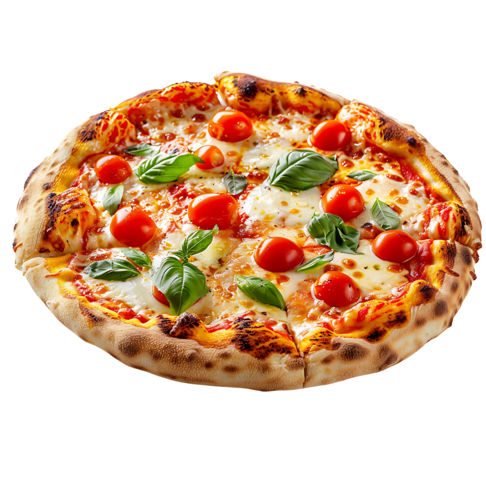 delizioso Pizza con Mozzarella e ciliegia pomodori isolato su trasparente sfondo. italiano cibo png