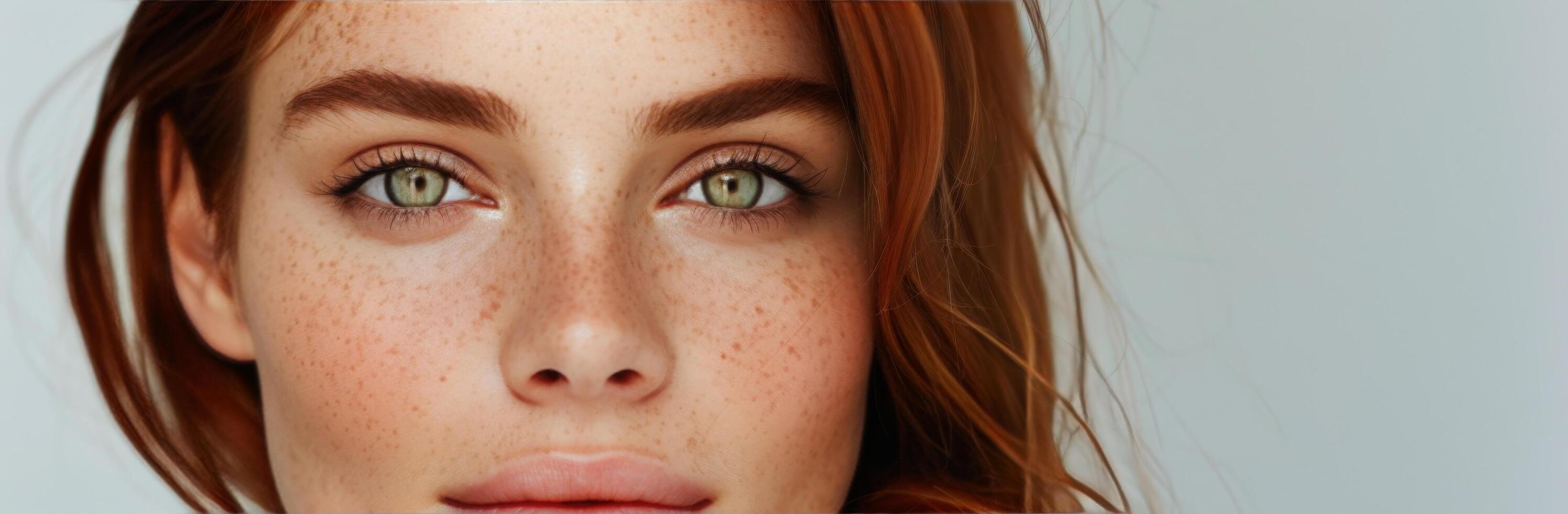 Portrait of a Woman With Red Hair and Freckles Against a Neutral Background photo