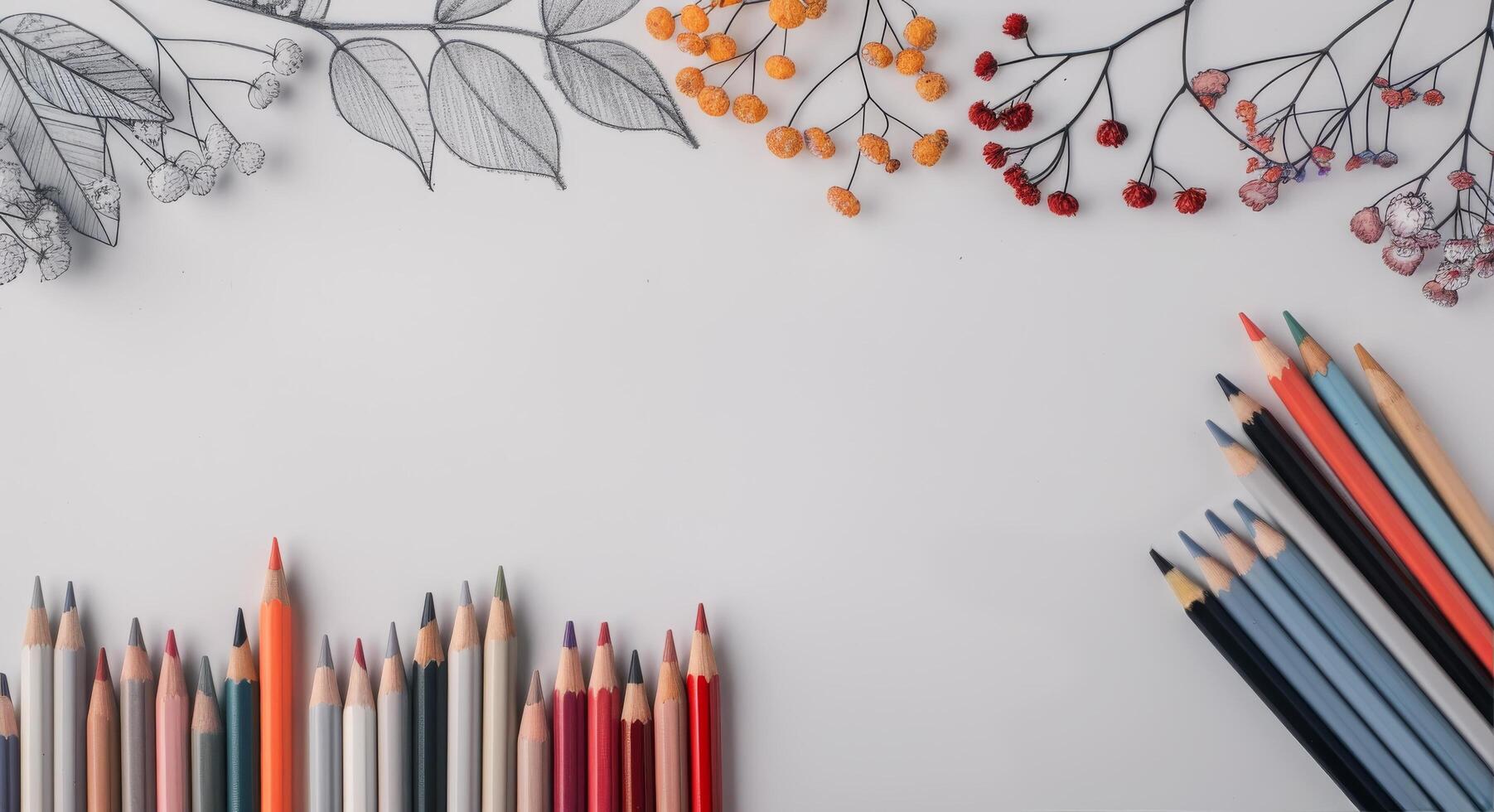 Vibrant Colored Pencils Arranged With Floral Coloring Page on Table photo