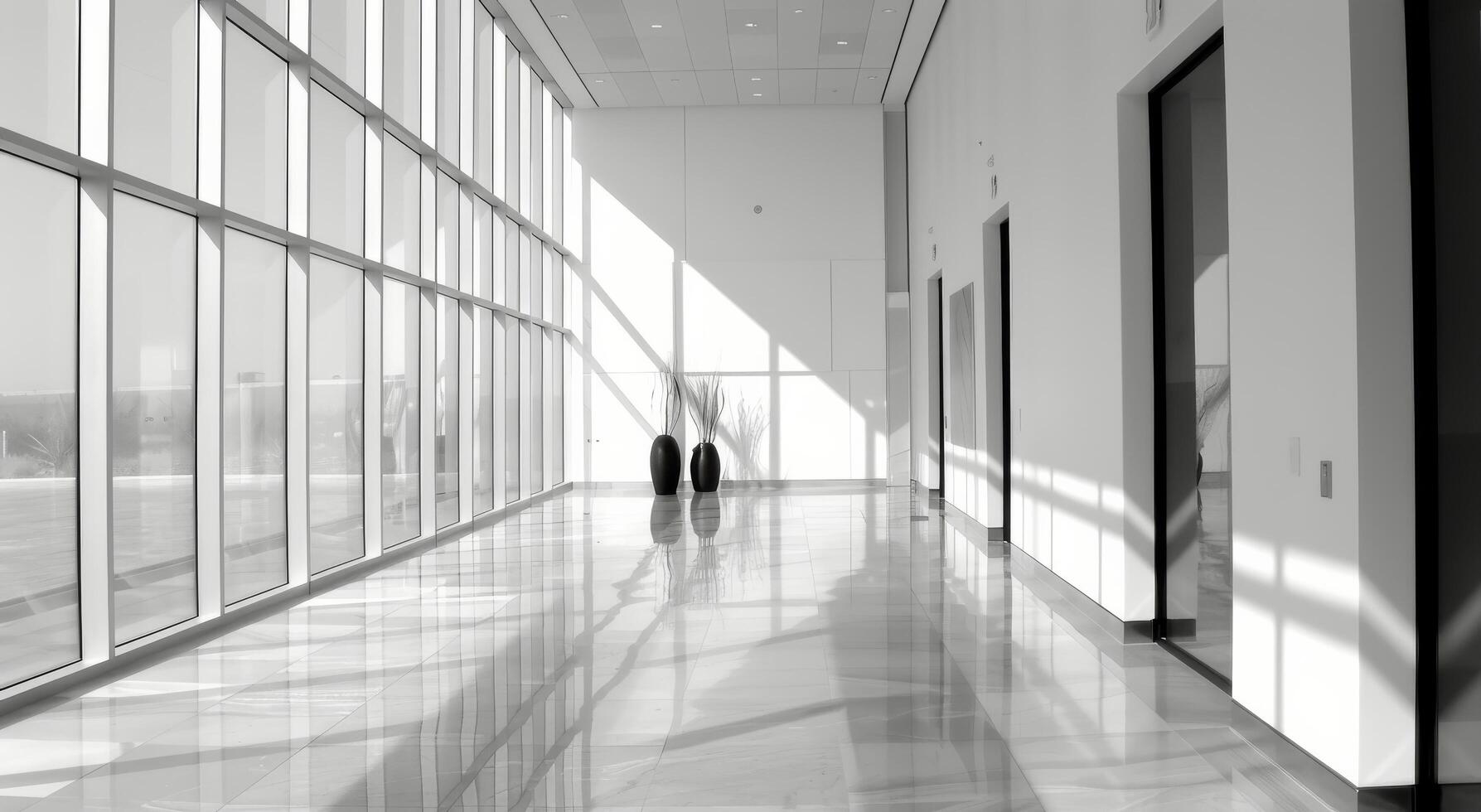 Modern Hallway With Natural Light and Shadows in a Sleek Building Interior photo