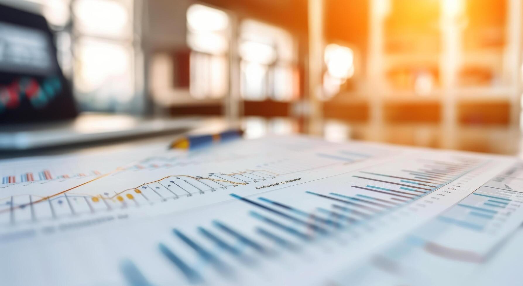 Business Analytics Report With Graphs on Table During Sunset in Modern Office photo