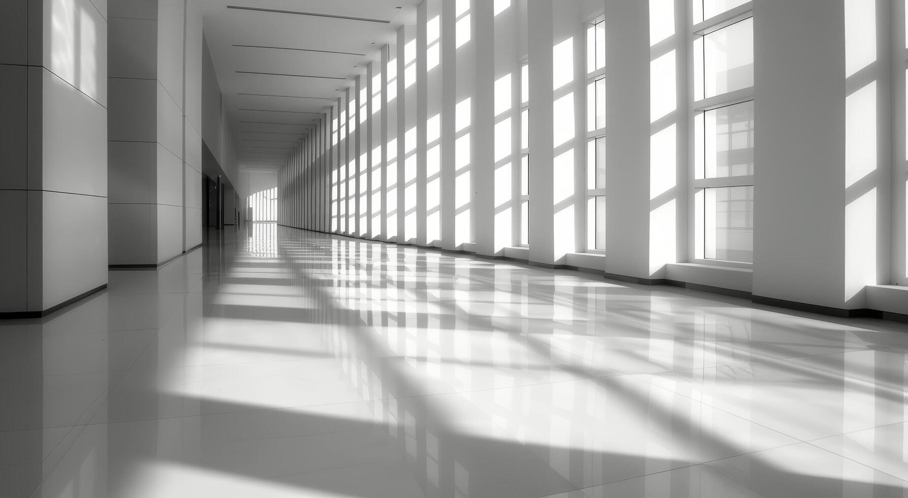Modern Hallway With Natural Light and Shadows in a Sleek Building Interior photo