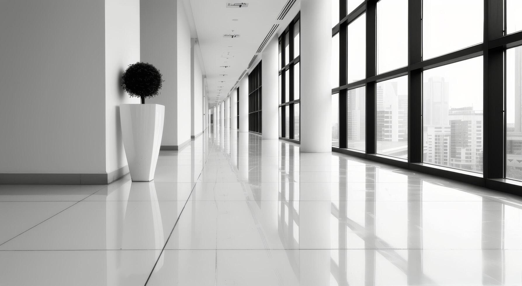 Modern Office Corridor With Floor-to-Ceiling Windows in Bright Natural Light photo