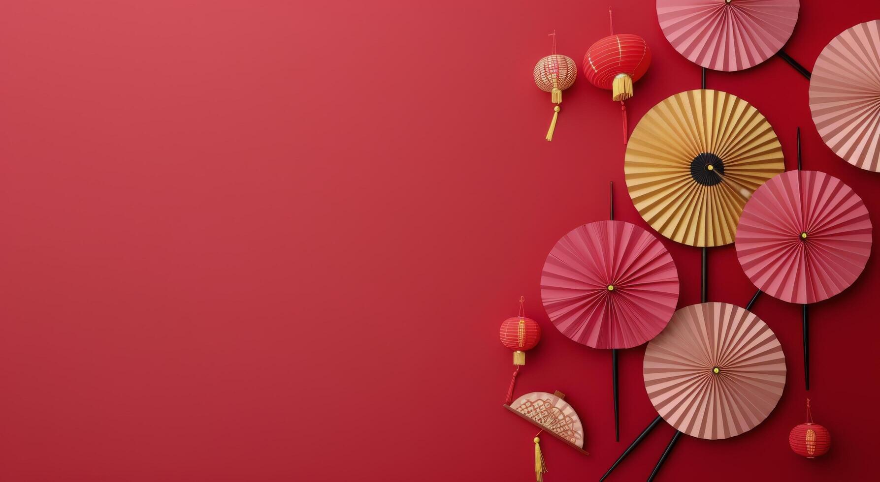 Elegant Paper Umbrellas and Chopsticks on Red Background photo
