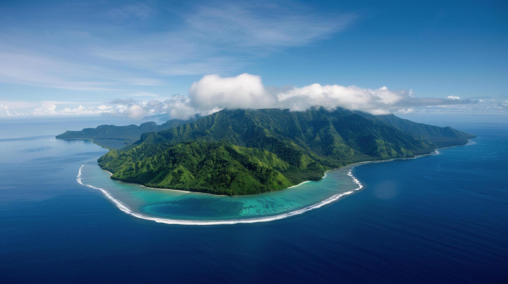 Aerial View of Remote Island Surrounded by Calm Blue Ocean and Clouds photo