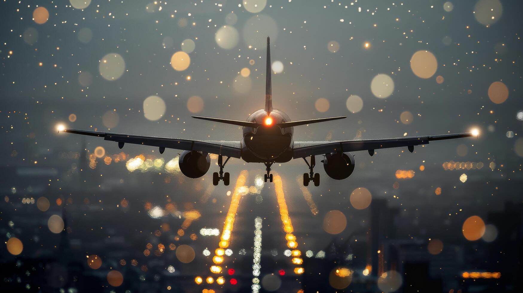 Airplane Landing at Dusk Over Urban Cityscape With Illuminated Runway Lights photo
