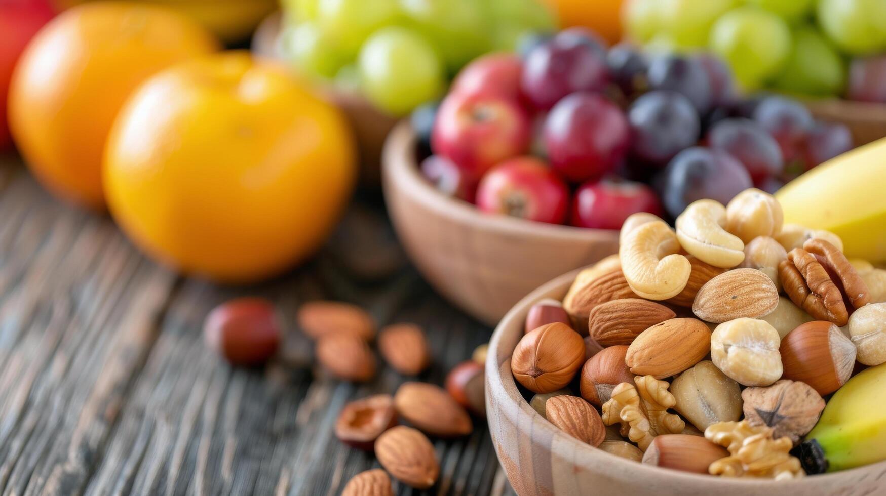 Fresh Fruits and Nuts Displayed in Wooden Bowls on Rustic Table photo