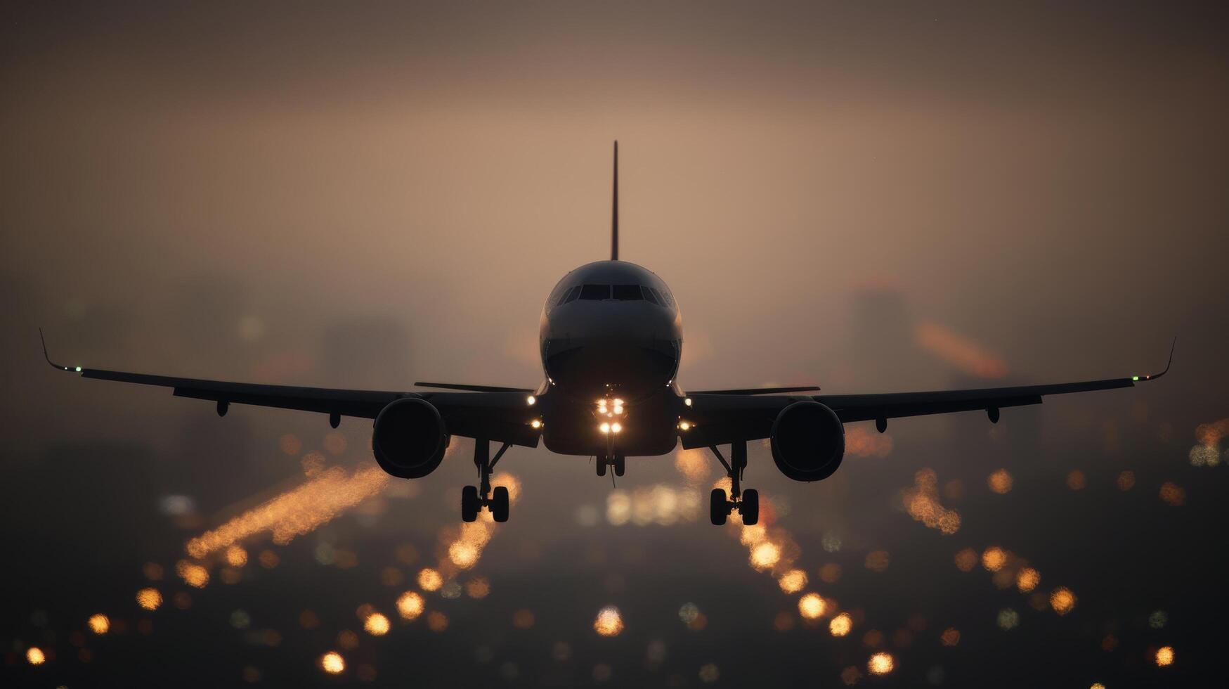 Airplane Landing at Dusk Over Urban Cityscape With Illuminated Runway Lights photo