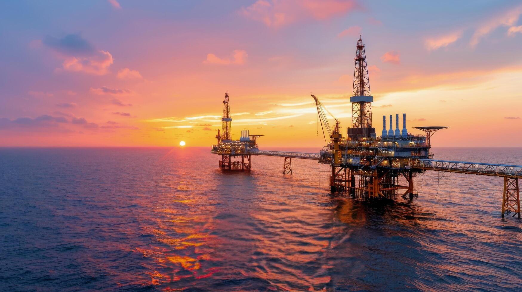 Oil Rigs Silhouetted Against a Stunning Sunset Over the Ocean photo
