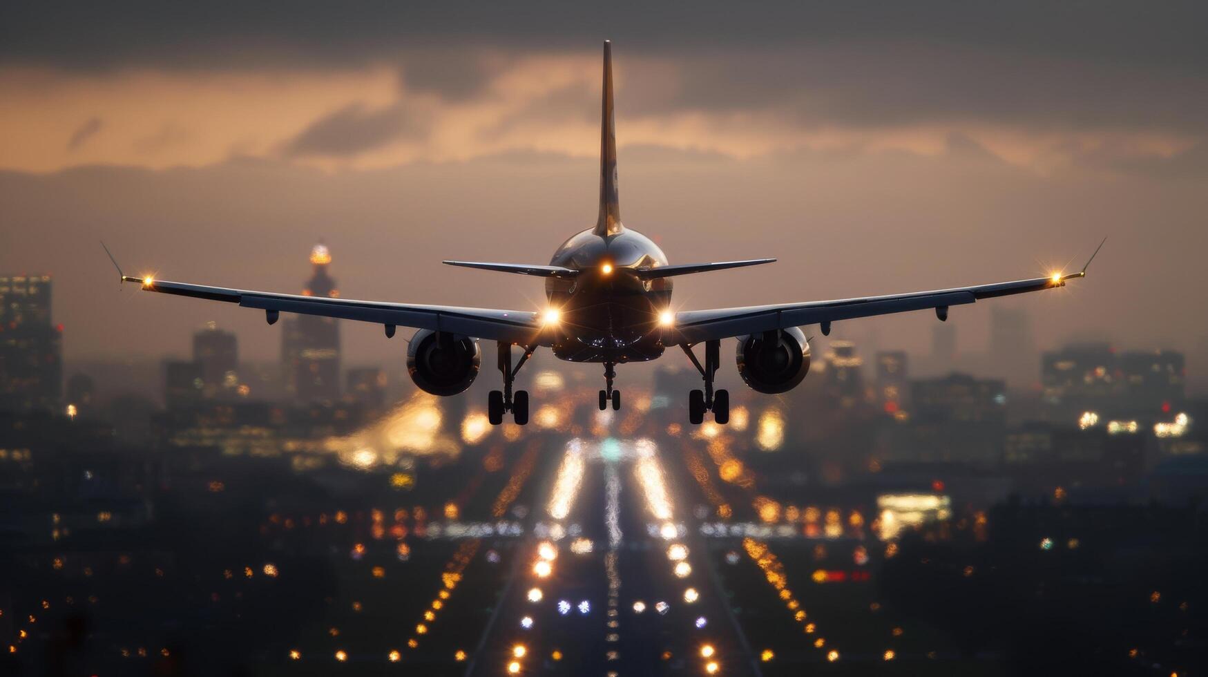 Airplane Landing at Dusk Over Urban Cityscape With Illuminated Runway Lights photo