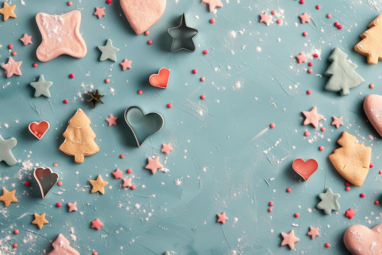 Colorful Iced Cookies in Heart and Tree Shapes on a Dusting of Powdered Sugar photo
