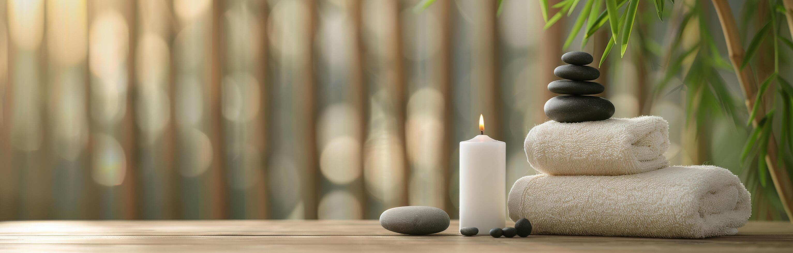 Relaxing Spa Setup With Candles and Stones Beside Soft Towels in a Calm Environment photo