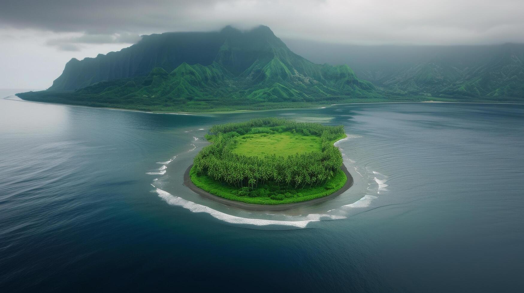 Aerial View of Remote Island Surrounded by Calm Blue Ocean and Clouds photo