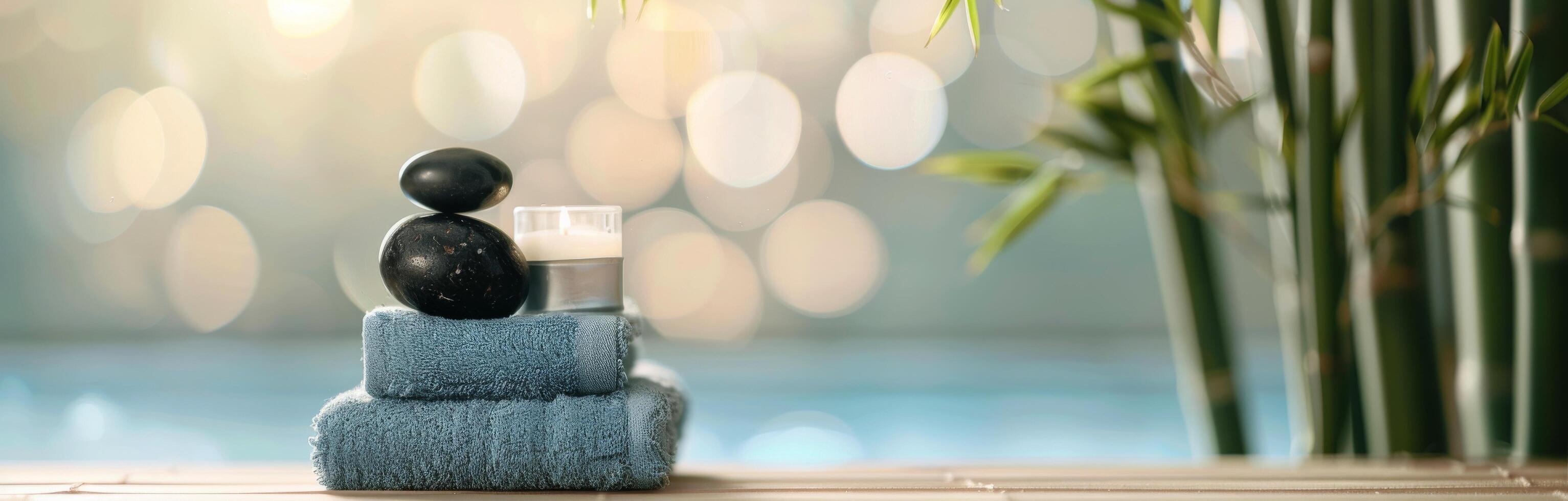 Relaxing Spa Setup With Candles and Stones Beside Soft Towels in a Calm Environment photo