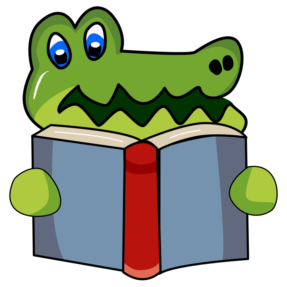 Cute crocodile holding open books and reading. png