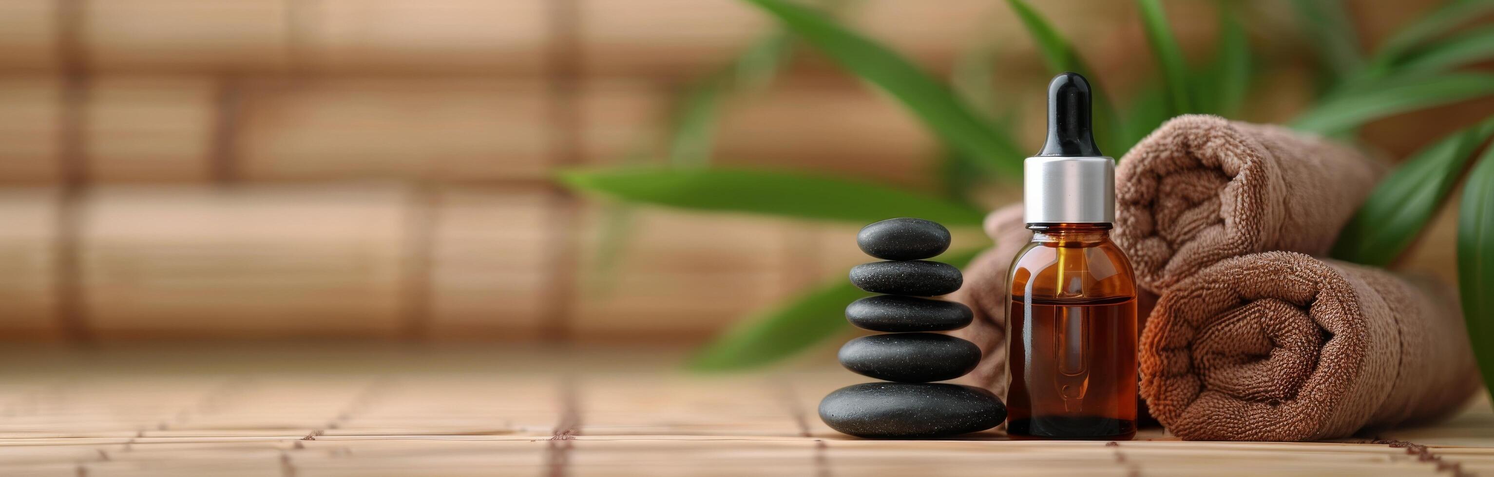 Aromatherapy Essentials With Stones And Towels In A Serene Spa Setting photo