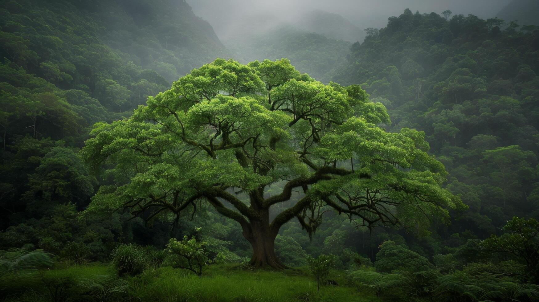 Majestic Tree Silhouette Amidst Lush Green Forest at Dawn photo