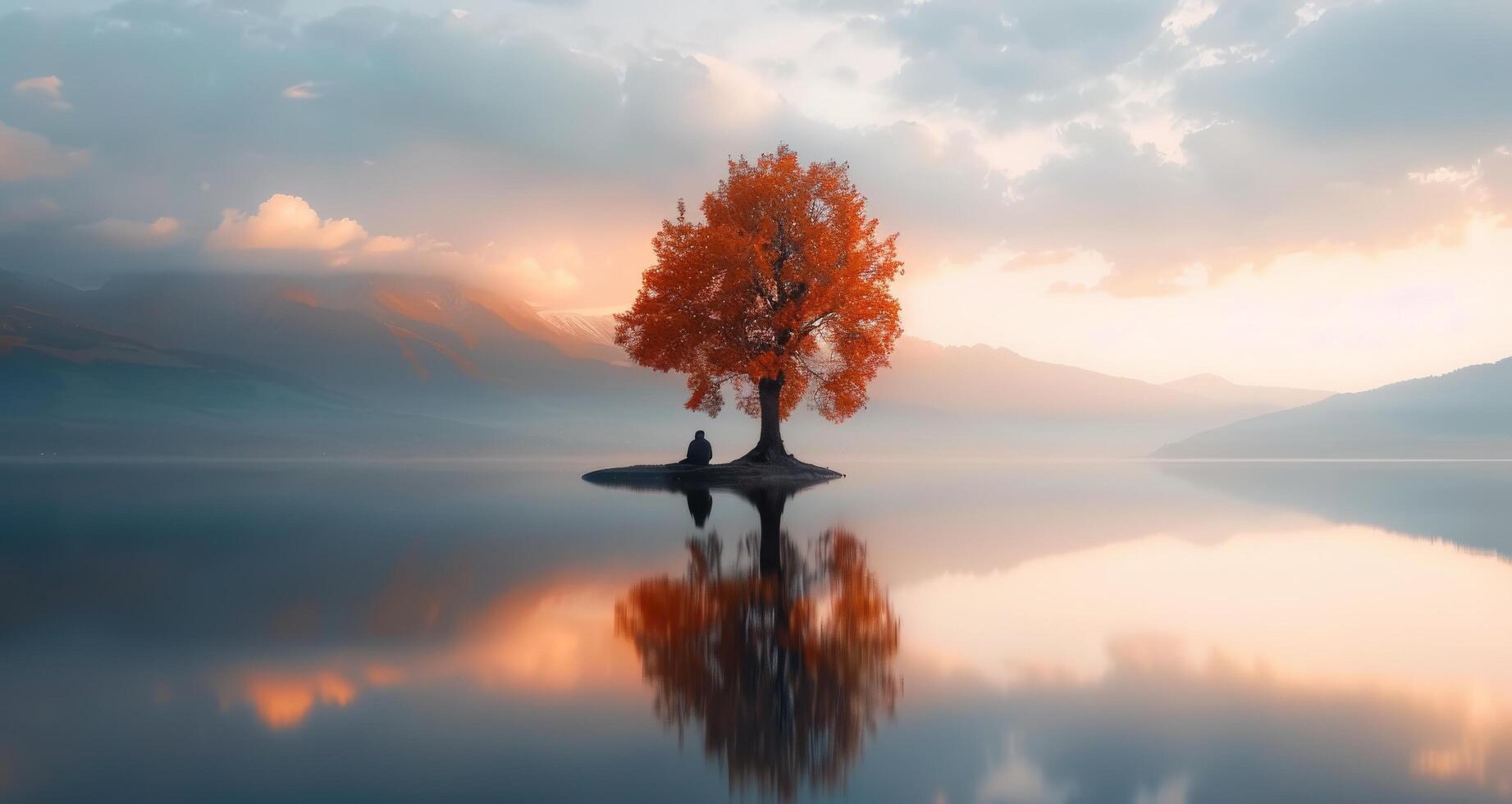 Solitary Figure by Autumn Tree on Calm Lake at Dawn photo