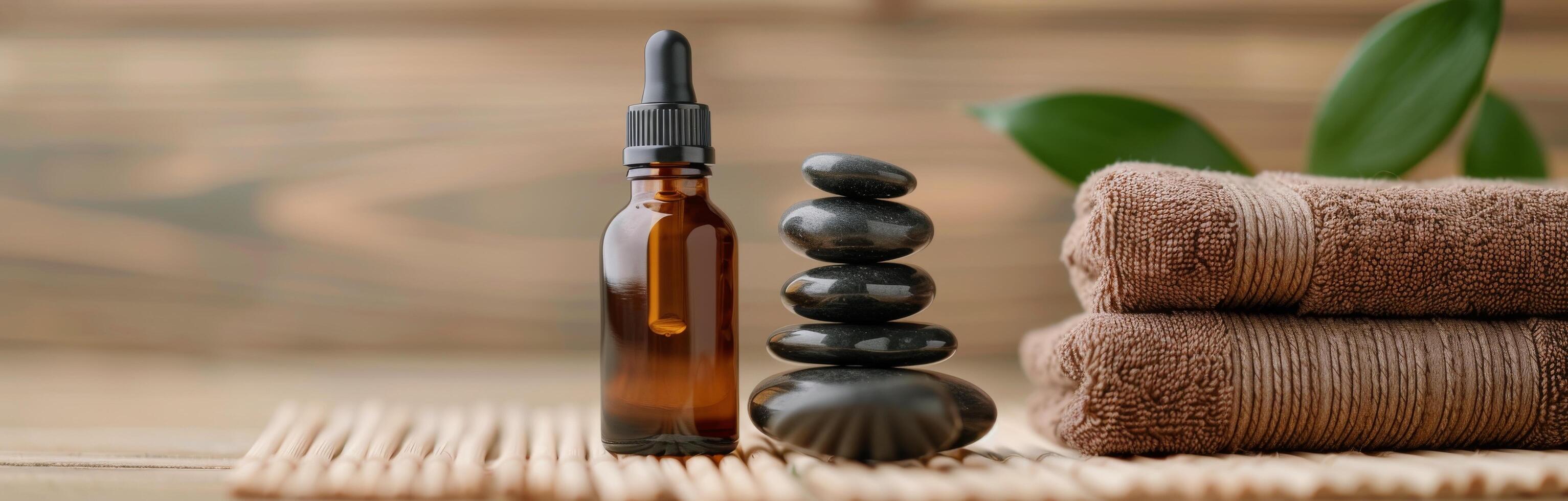 Aromatherapy Essentials With Stones And Towels In A Serene Spa Setting photo