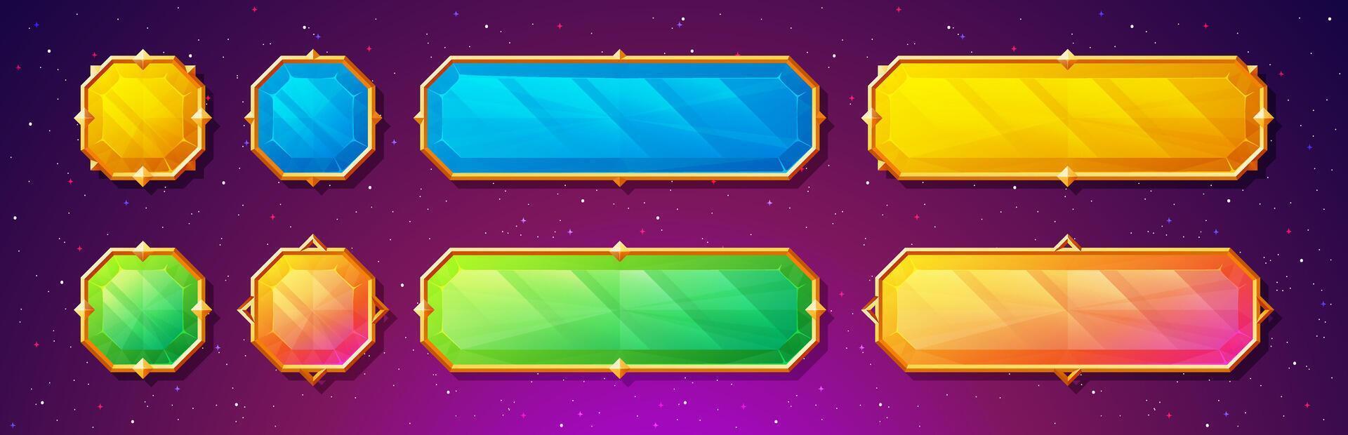 Gemstone buttons with fancy gold frames for games. Cute, colorful crystal banners with gold medieval borders for your user interface. vector