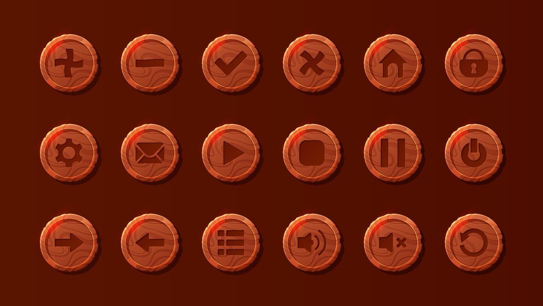 Cute little wooden buttons and icons for a fun game interface. Isolated circular buttons featuring various symbols on a plain background. vector