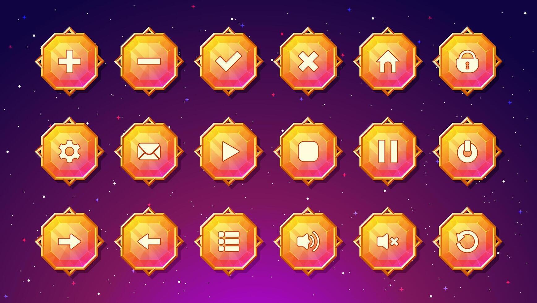 Gemstone buttons with luxury gold frame and set of menu icons for games. Cute and colorful crystals with medieval gold borders for your user interface. vector