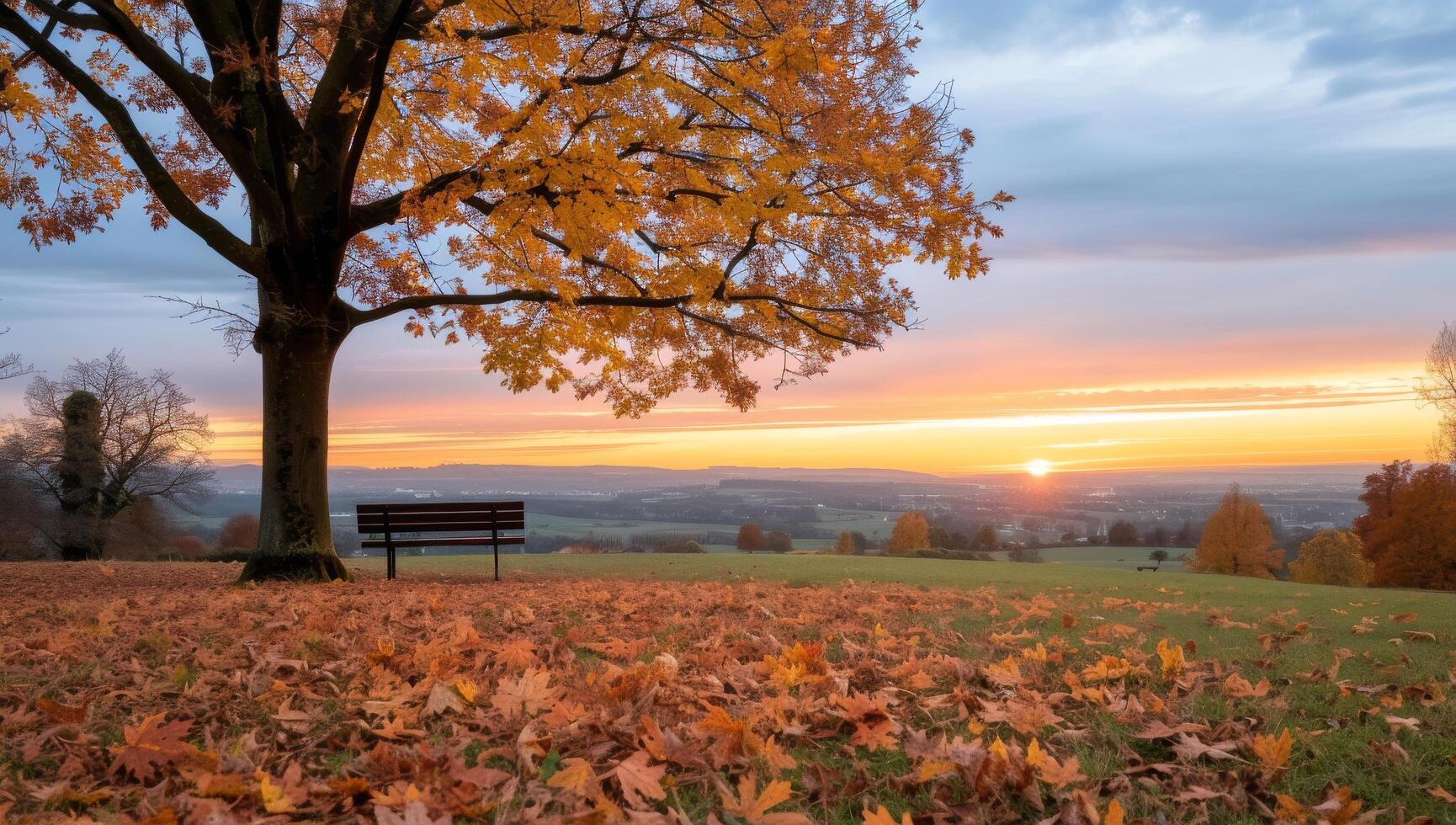 Autumn Sunset Over Park Bench in Open Field photo