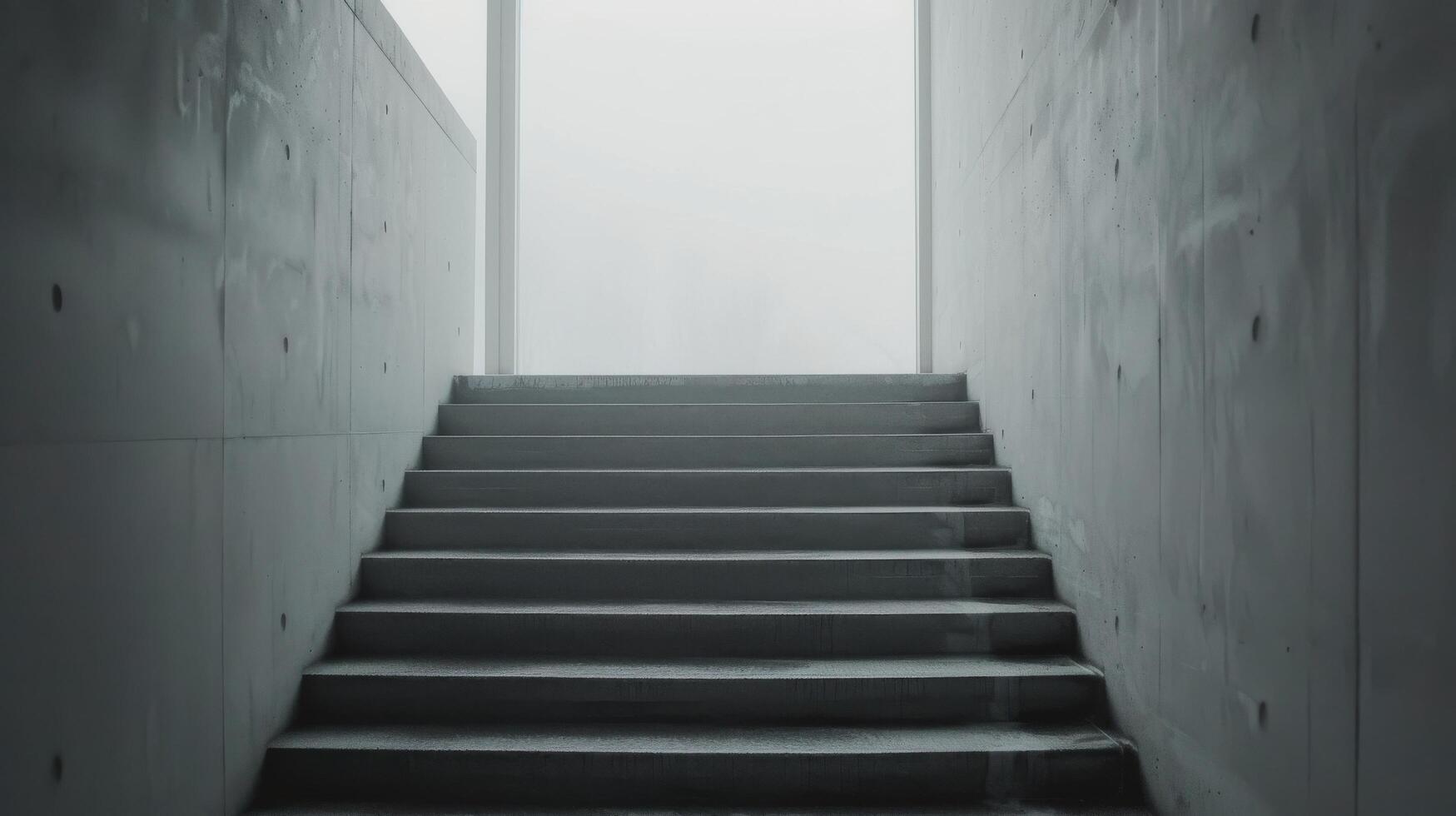 Modern Concrete Staircase With Large Window Overlooking Foggy Landscape photo