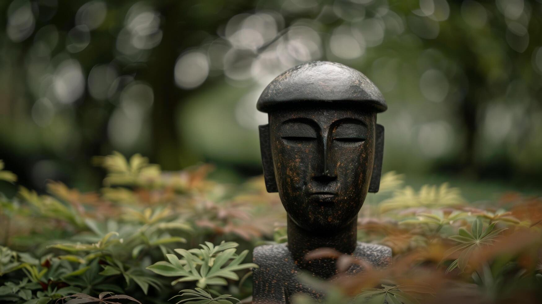 Stone Statue With Hat in Tranquil Garden During Misty Morning photo
