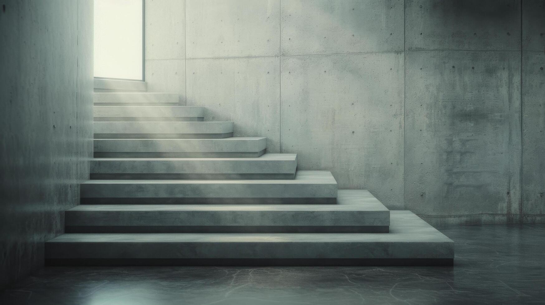Modern Concrete Staircase With Large Window Overlooking Foggy Landscape photo